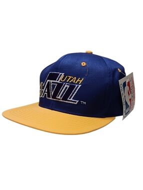 90s NBA Utah Jazz Two-Tone Snapback Hat in Blue and Yellow New With Tags